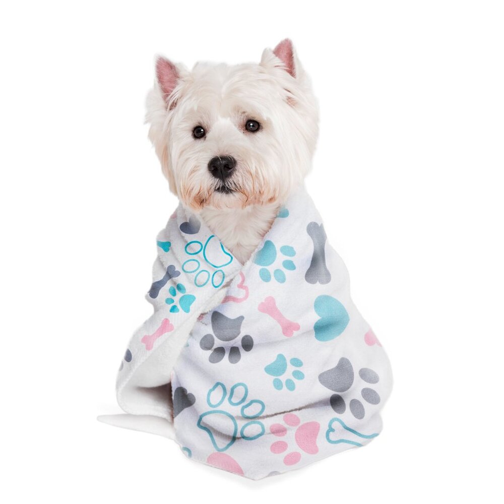 Mellow Fiber Pawsitively Dry Microfiber Dog Towel, Paw Print Design Pink